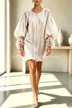 Dylin Crew Neck Sheer Pleated Balloon Sleeve Zipper Loose Mini Dress