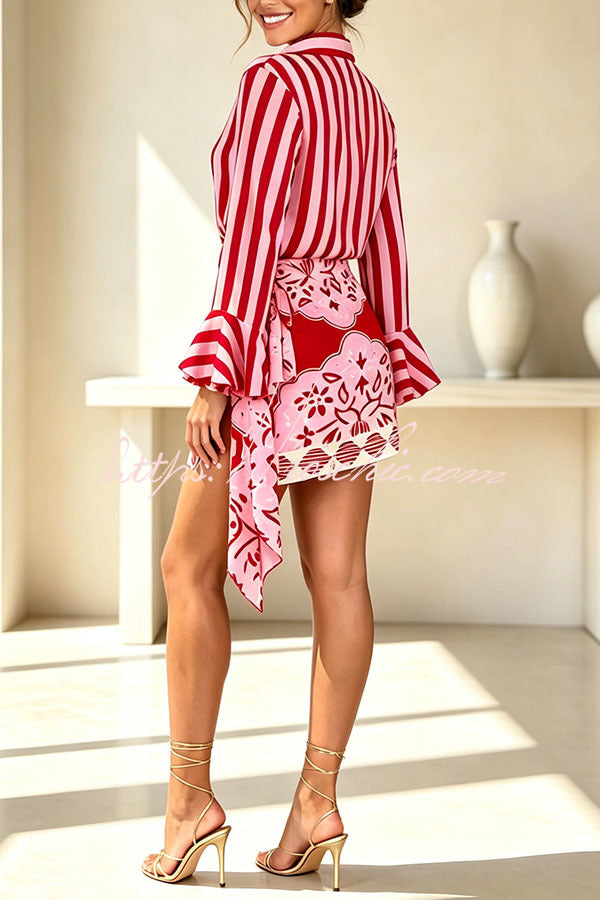 Satin Striped Print Long Bell Sleeve Shirt and Vintage Style Floral Wrap Mini Skirt Set