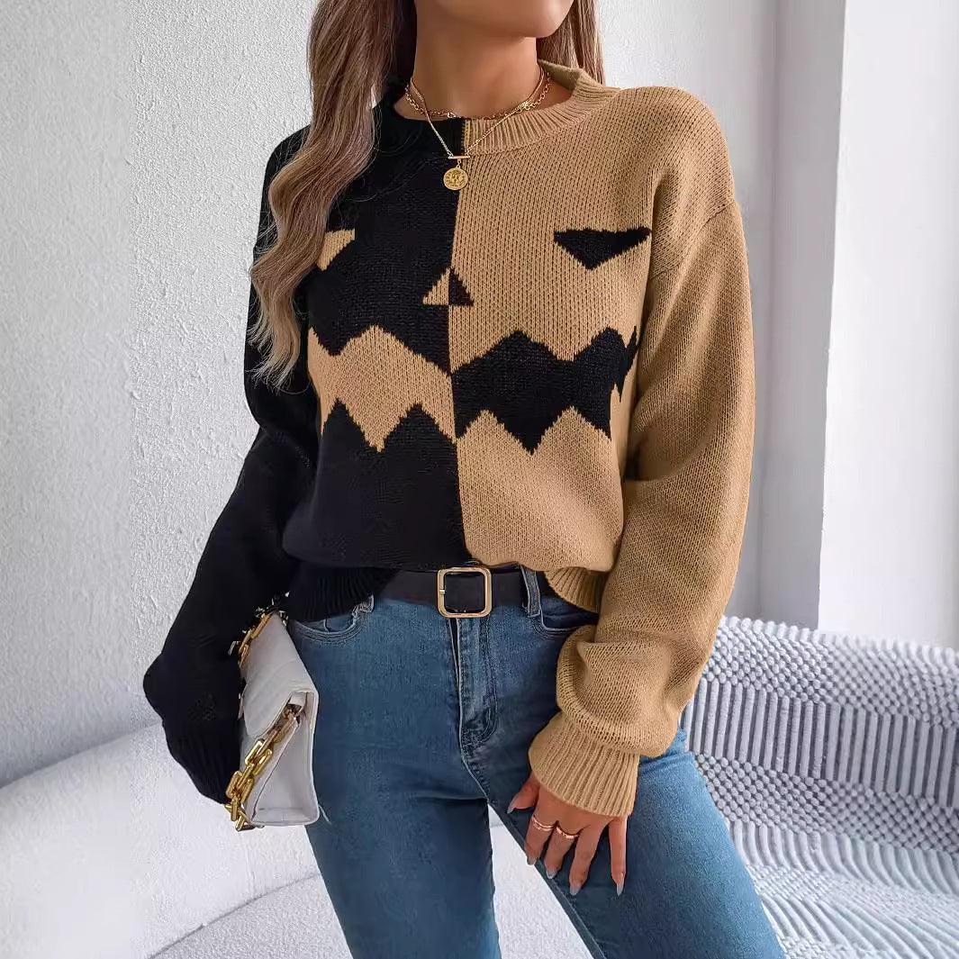 Halloween contrast-kleur pullover trui mode mode met lange mouwen gebreide tops voor dameskleding