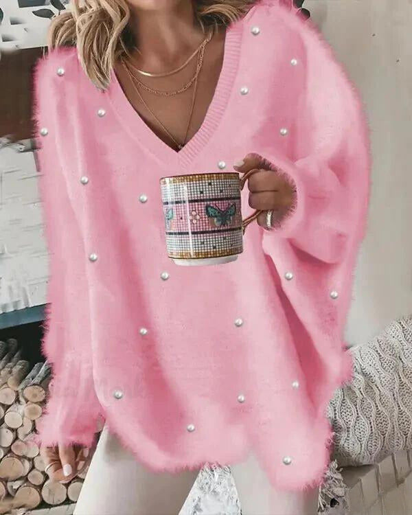 Magdalena | Jersey de punto con cuello de pico y perlas