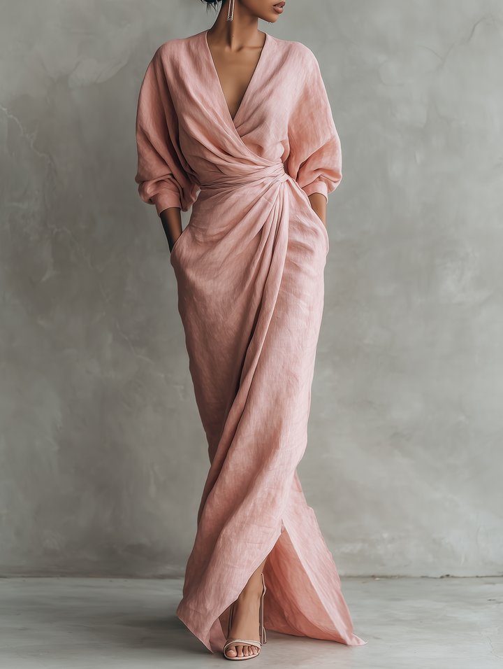 Roxa | Vestido maxi rosa con escote en V