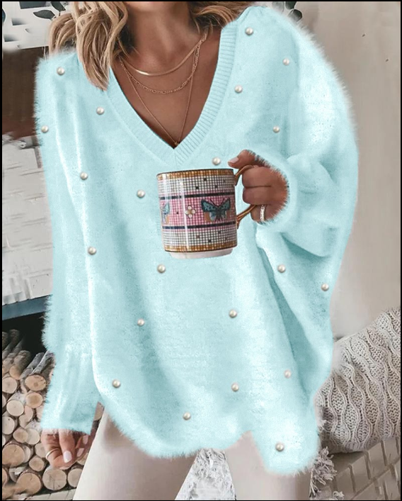 Magdalena | Jersey de punto con cuello de pico y perlas