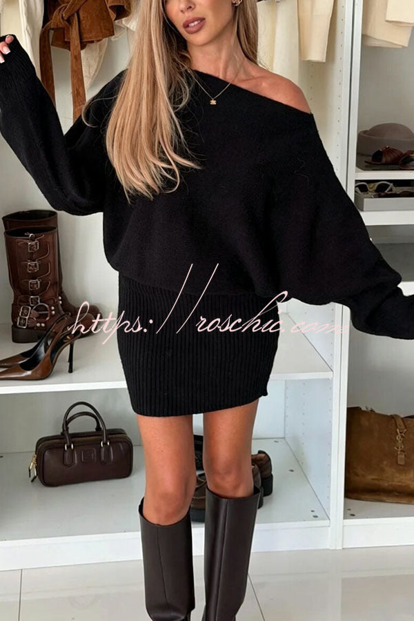 Sexy and Comfortable Knit Boat Neck Long Batwing Sleeve Ribbed Hem Mini Dress