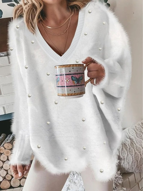 Magdalena | Jersey de punto con cuello de pico y perlas