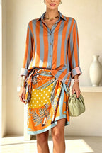 Satin Striped Print Long Bell Sleeve Shirt and Vintage Style Floral Wrap Mini Skirt Set