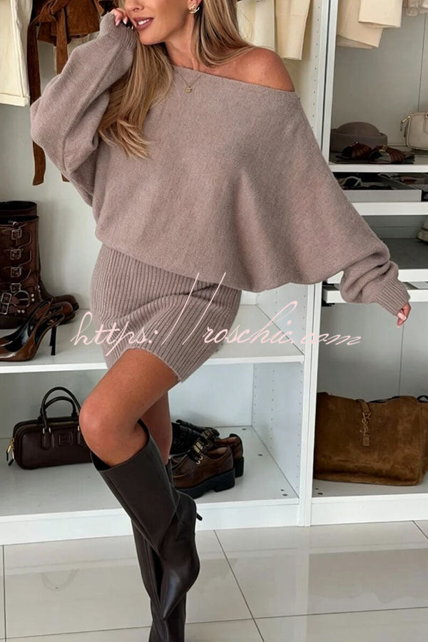 Sexy and Comfortable Knit Boat Neck Long Batwing Sleeve Ribbed Hem Mini Dress