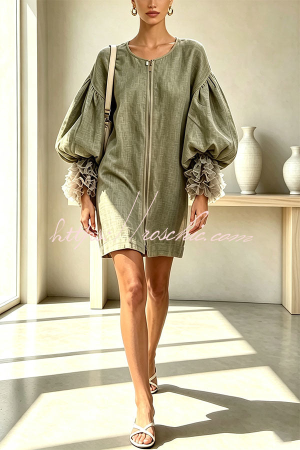 Dylin Crew Neck Sheer Pleated Balloon Sleeve Zipper Loose Mini Dress