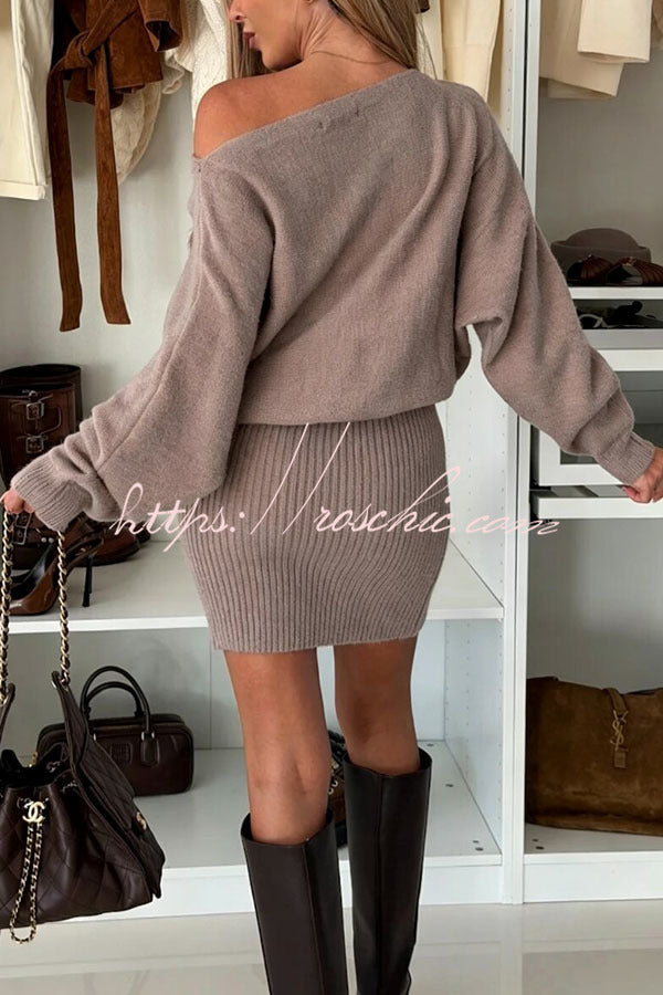 Sexy and Comfortable Knit Boat Neck Long Batwing Sleeve Ribbed Hem Mini Dress