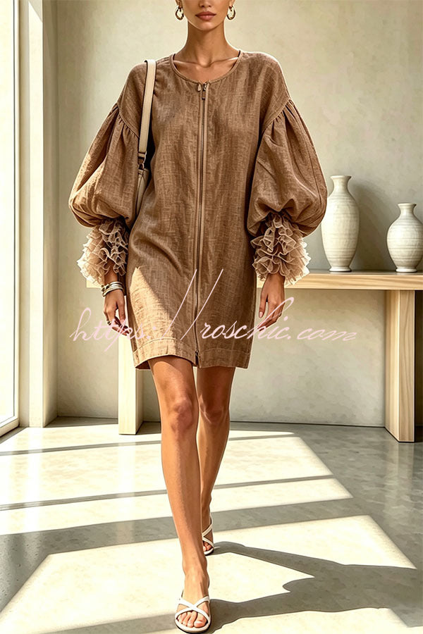 Dylin Crew Neck Sheer Pleated Balloon Sleeve Zipper Loose Mini Dress
