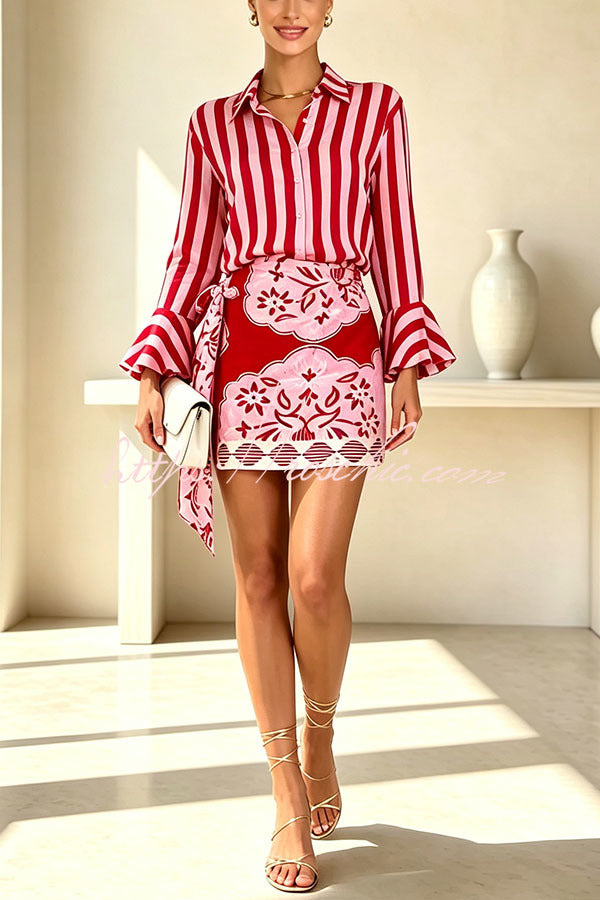 Satin Striped Print Long Bell Sleeve Shirt and Vintage Style Floral Wrap Mini Skirt Set
