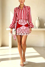 Satin Striped Print Long Bell Sleeve Shirt and Vintage Style Floral Wrap Mini Skirt Set