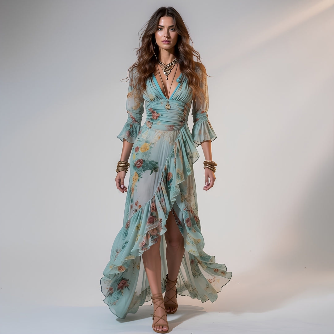 Serena | Vestido maxi floral de chifón con volantes