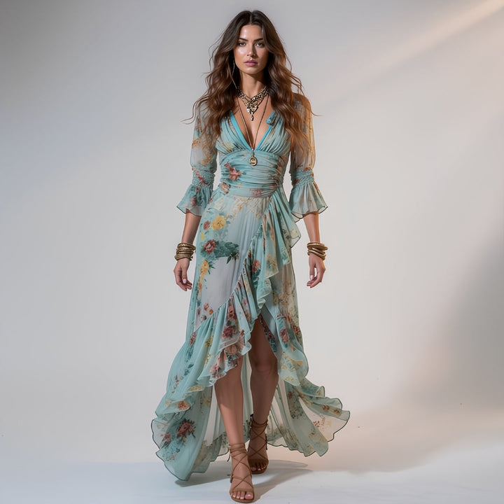Serena | Vestido maxi floral de chifón con volantes