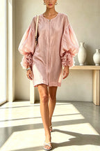 Dylin Crew Neck Sheer Pleated Balloon Sleeve Zipper Loose Mini Dress