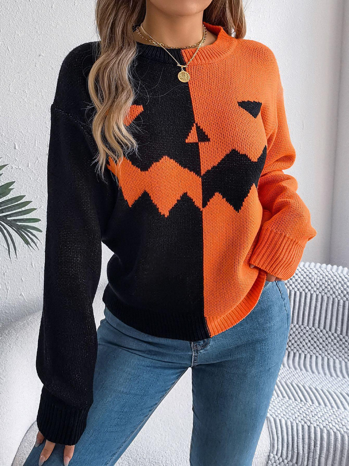 Halloween contrast-kleur pullover trui mode mode met lange mouwen gebreide tops voor dameskleding