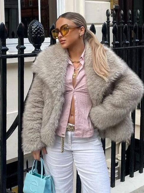 Winter pluche jas mode dikker revers revers meter casual lange mouwen tops dames kleding
