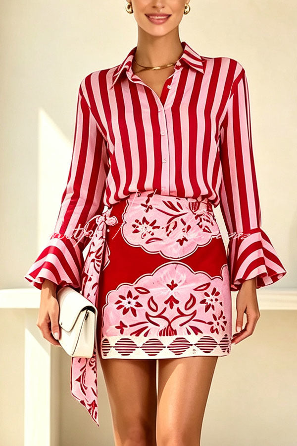 Satin Striped Print Long Bell Sleeve Shirt and Vintage Style Floral Wrap Mini Skirt Set