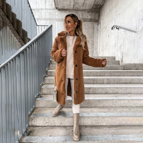 Winterjas Dames met Knoopsluiting en Zachte Warme Pluchen Textuur