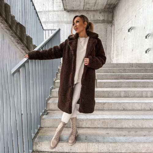 Winterjas Dames met Knoopsluiting en Zachte Warme Pluchen Textuur
