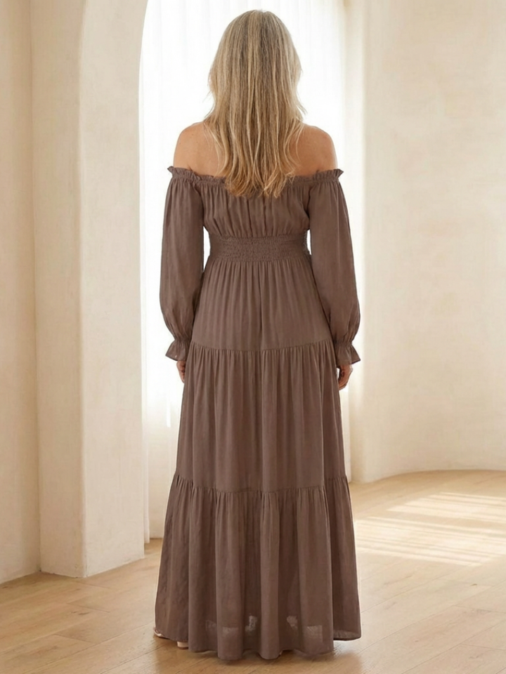 Adira | Vestido maxi off-shoulder con detalle fruncido