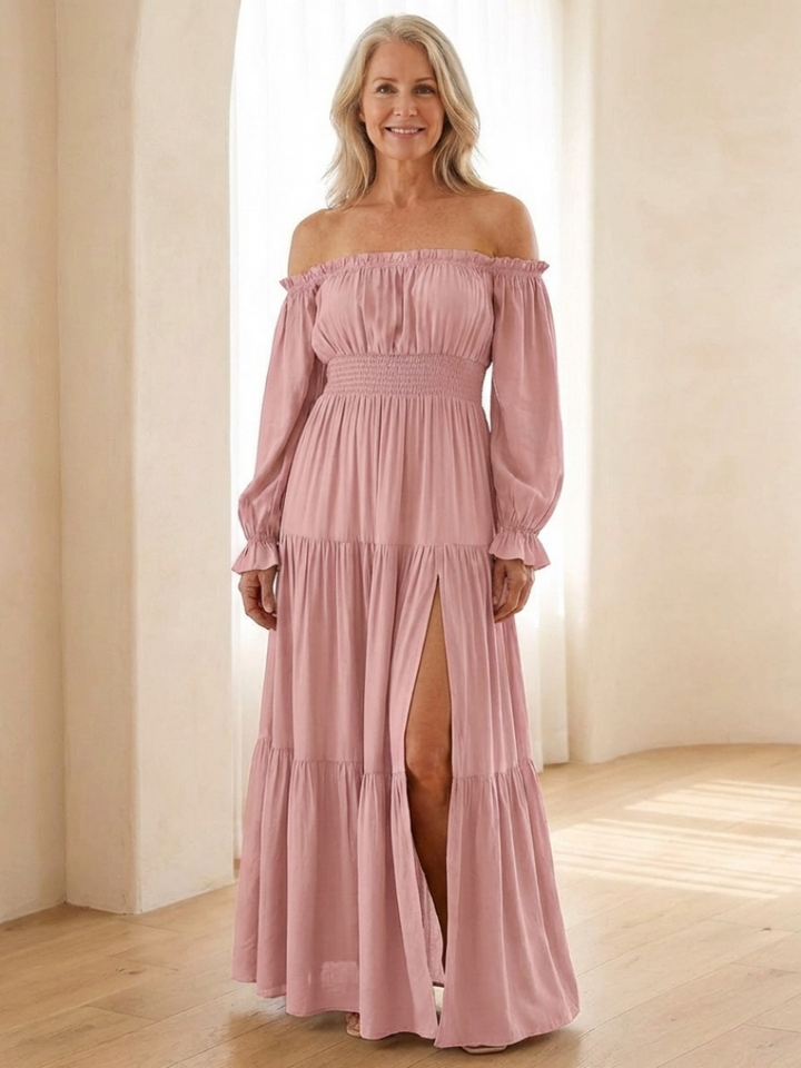 Adira | Vestido maxi off-shoulder con detalle fruncido