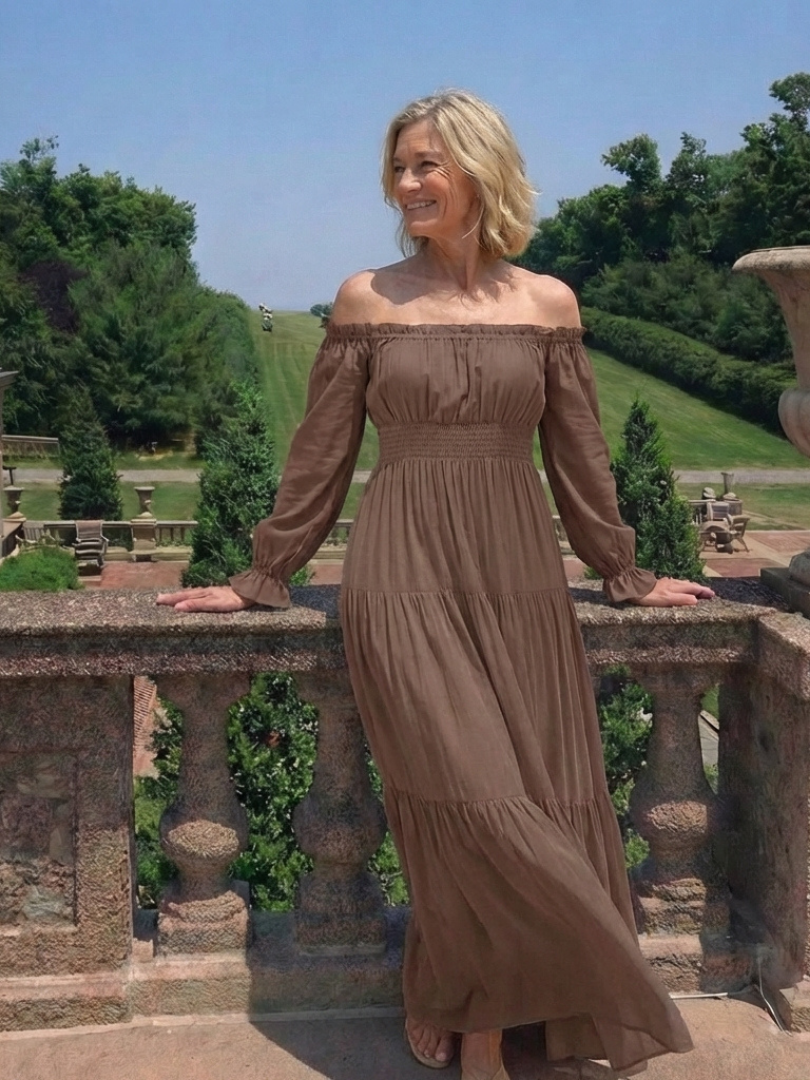 Adira | Vestido maxi off-shoulder con detalle fruncido