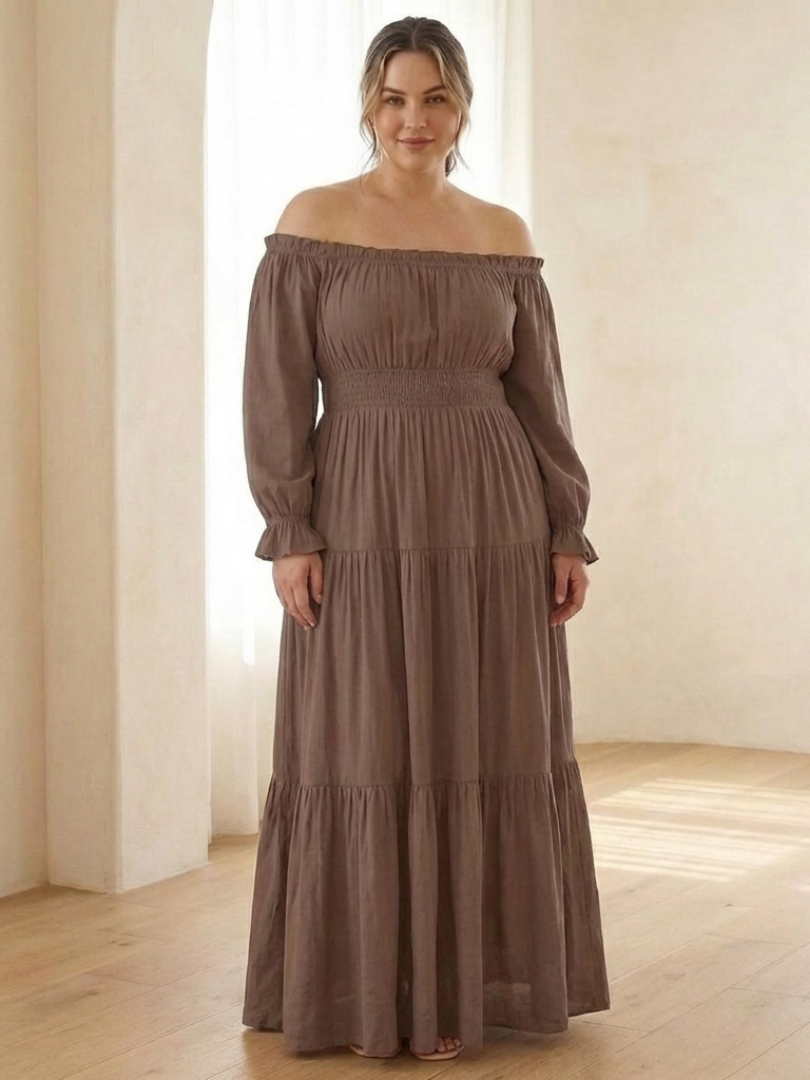 Adira | Vestido maxi off-shoulder con detalle fruncido