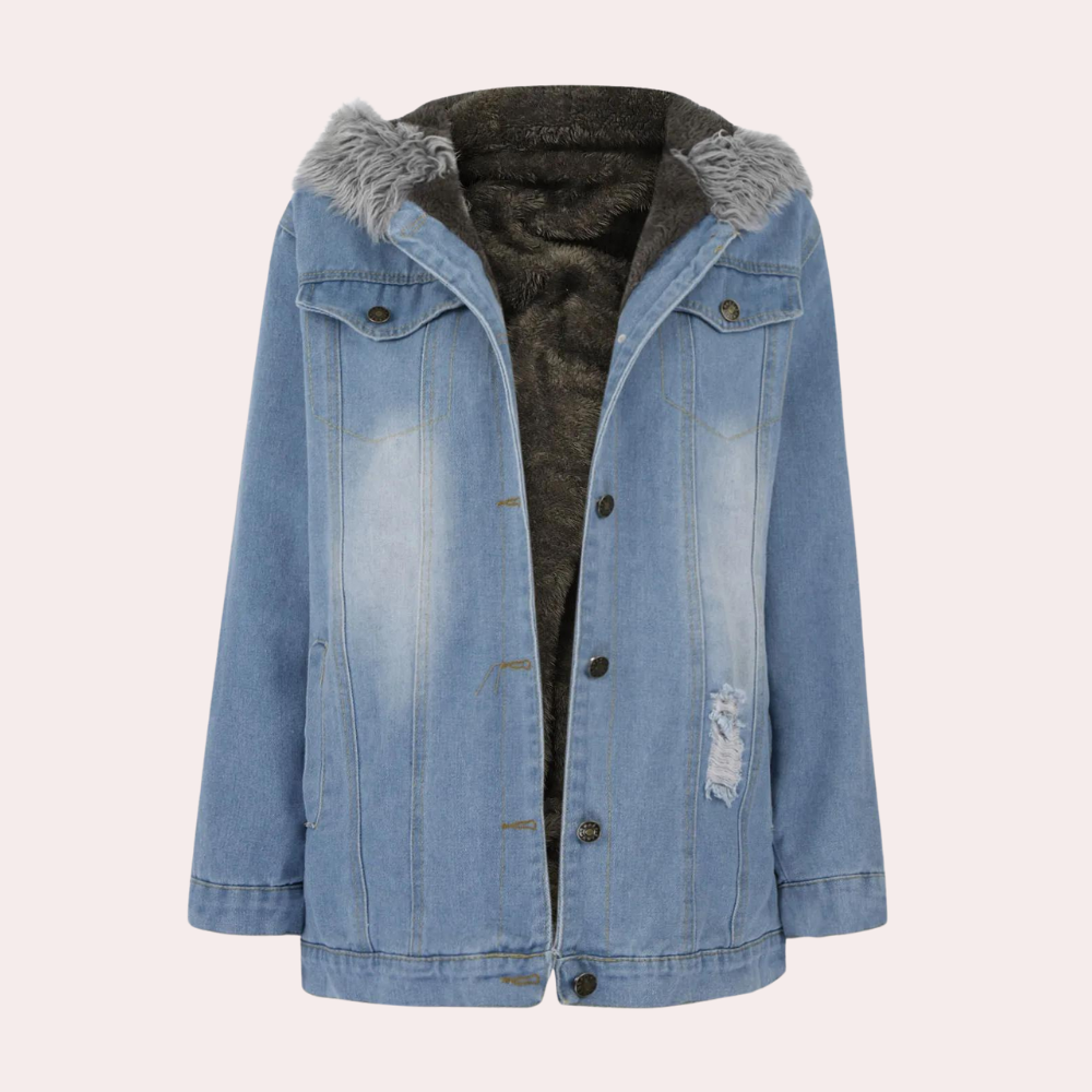 Tussenjas Dames van Denim met Faux Fur Capuchon en Praktische Zakken