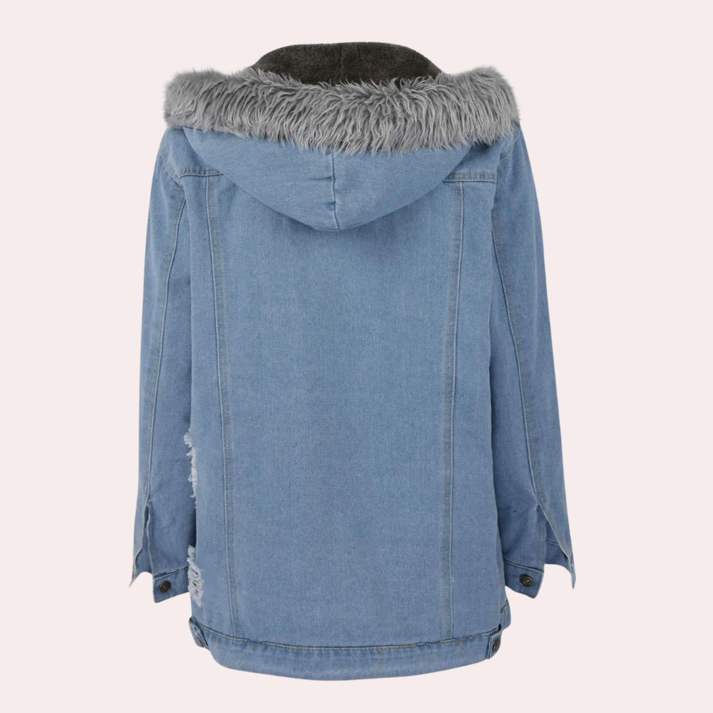 Tussenjas Dames van Denim met Faux Fur Capuchon en Praktische Zakken