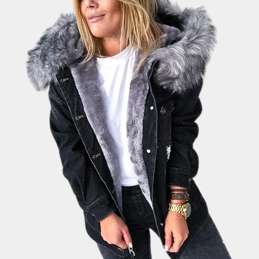 Tussenjas Dames van Denim met Faux Fur Capuchon en Praktische Zakken