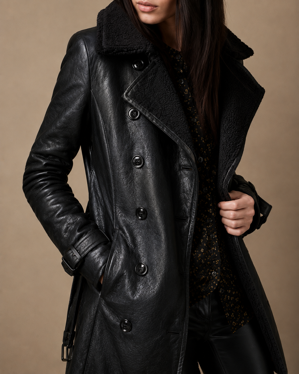 Marcela | Chaqueta larga efecto piel con cuello de pelo