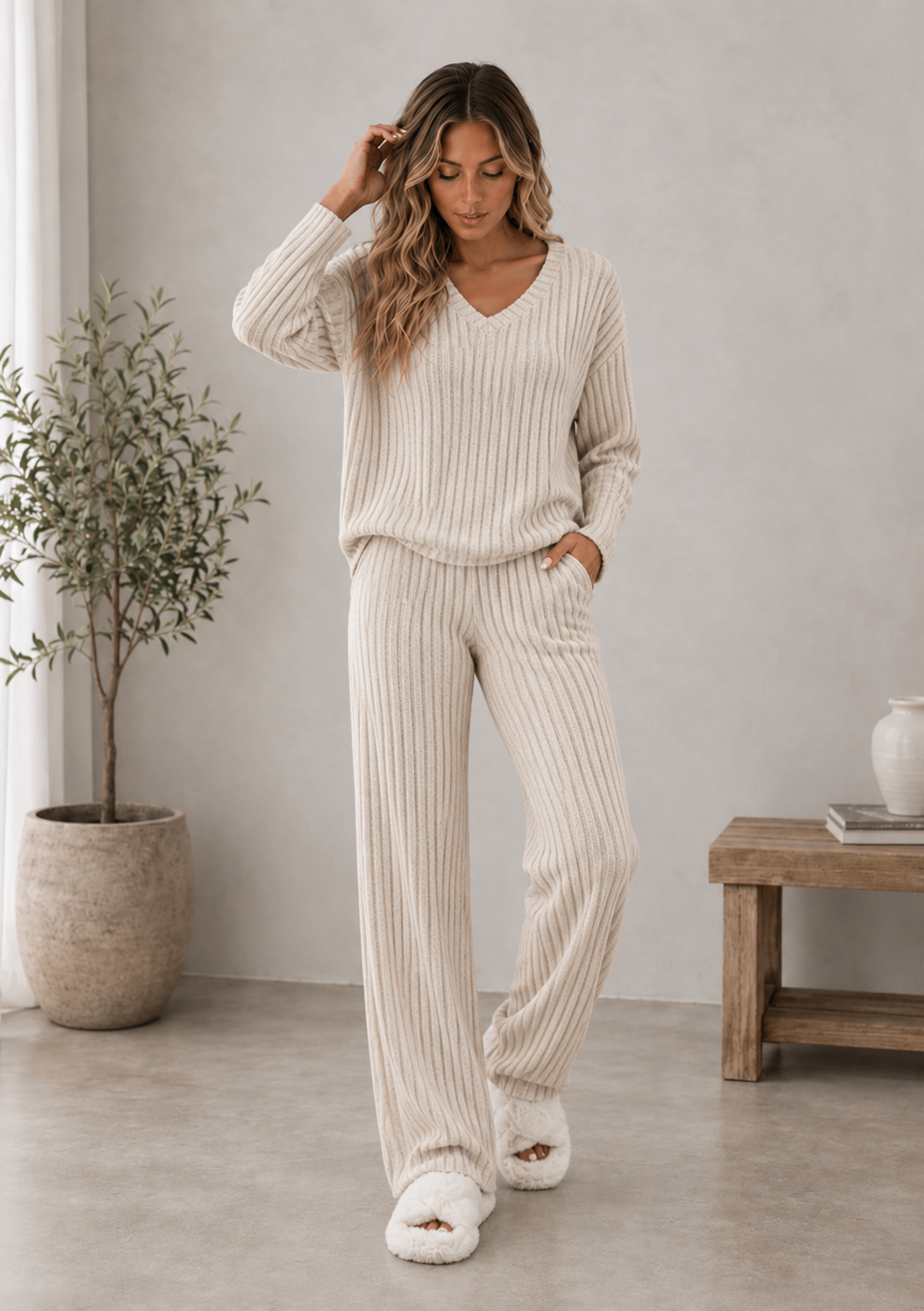 Cloe | Conjunto de canalé con escote de pico