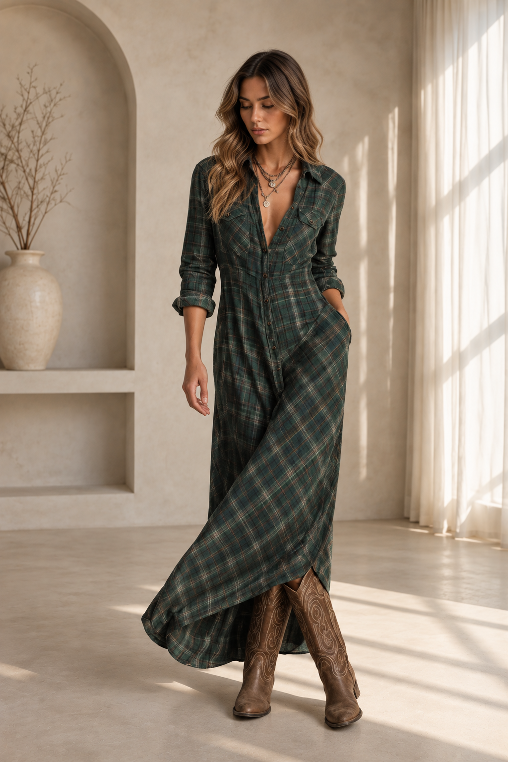 Candela | Vestido camisero largo con cuello de cuadros