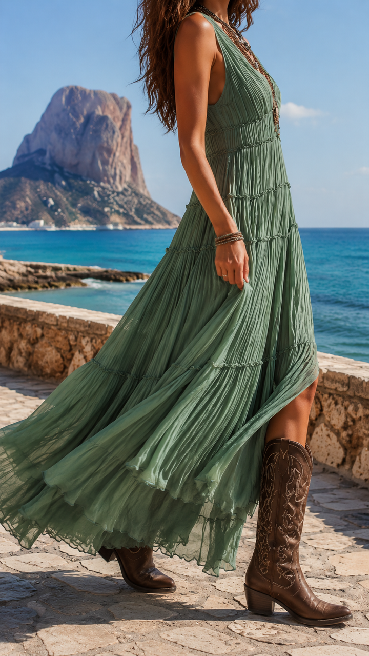 Smilla | Vestido maxi boho en verde salvia