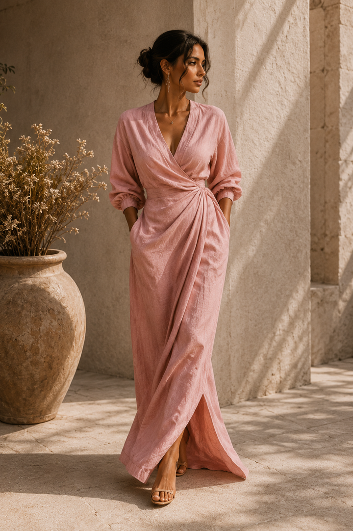 Roxa | Vestido maxi rosa con escote en V