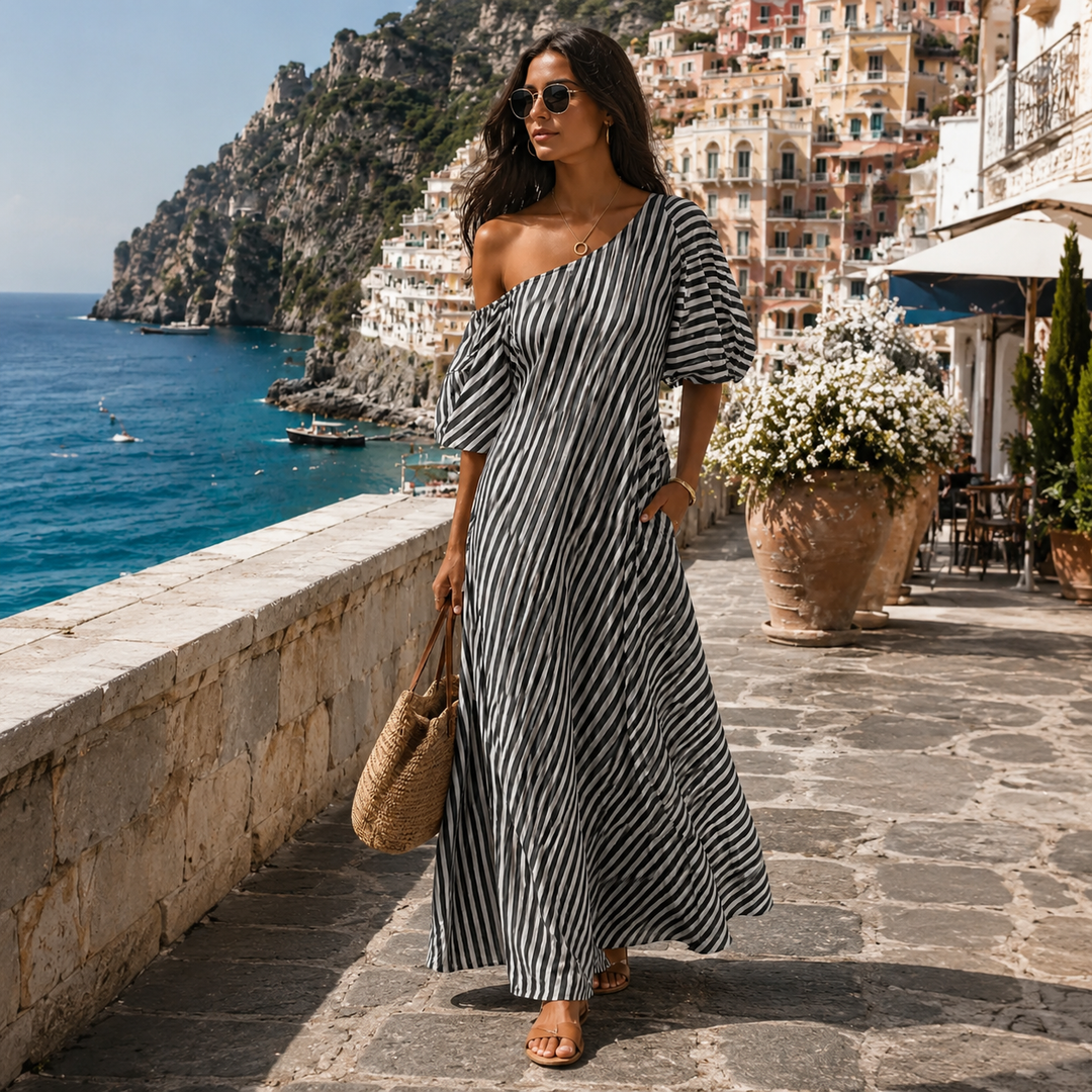 Carla | Vestido maxi de rayas con escote asimétrico