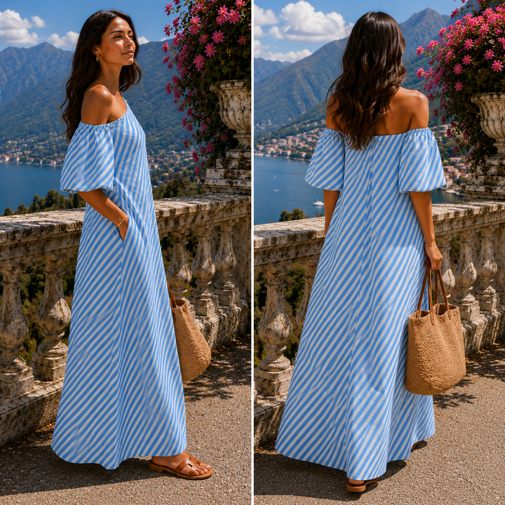 Carla | Vestido maxi de rayas con escote asimétrico