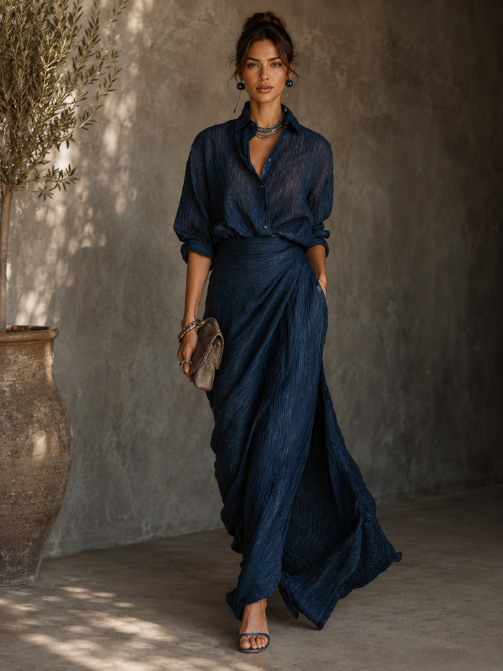 Verónica - Vestido maxi con escote en V y manga larga, azul marino