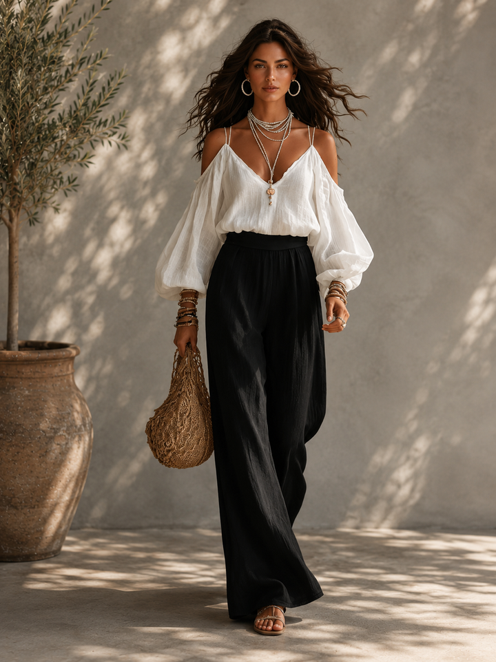 Gabriela | Conjunto de dos piezas con top de hombros descubiertos y pantalón ancho, blanco y negro