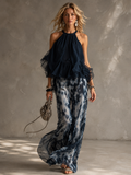 Silvia | Conjunto de gasa con top halter y pantalón ancho estampado, azul marino