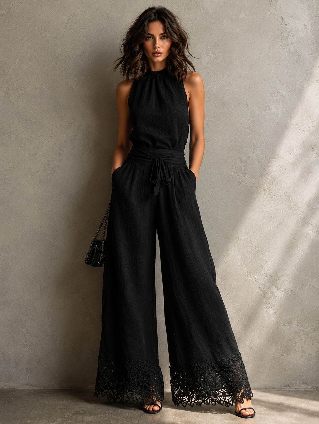 Nadia | Conjunto de dos piezas de mezcla de lino con top halter y pantalón ancho, negro