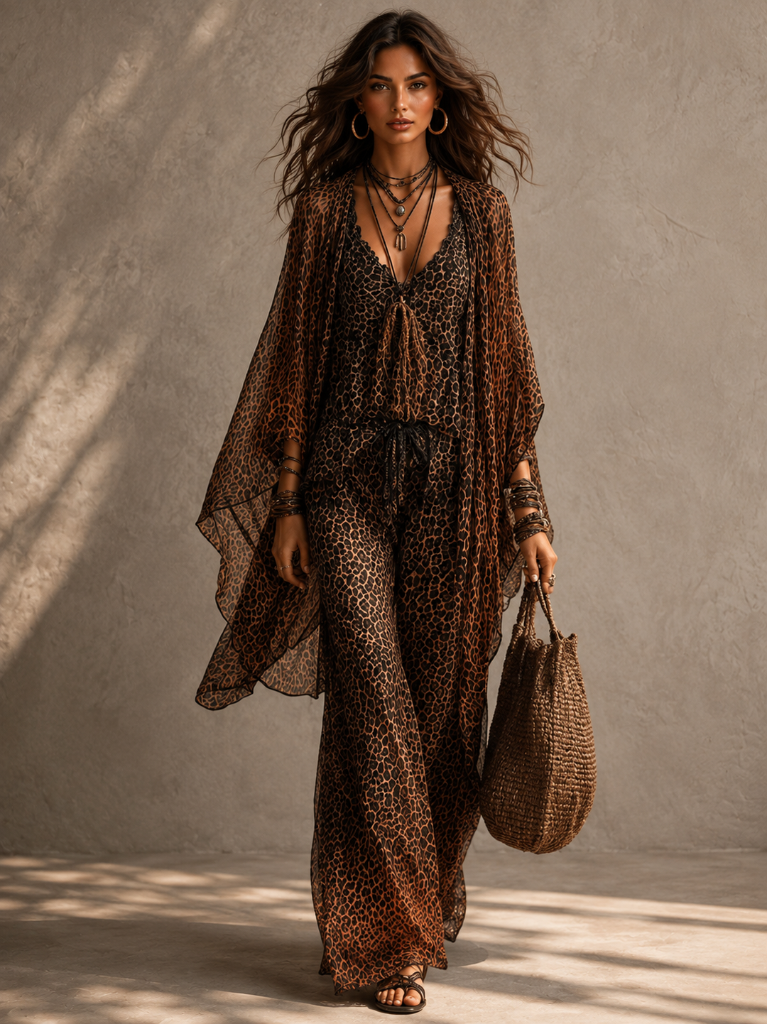 Ximena | Conjunto fluido de tres piezas con estampado de leopardo estilo boho
