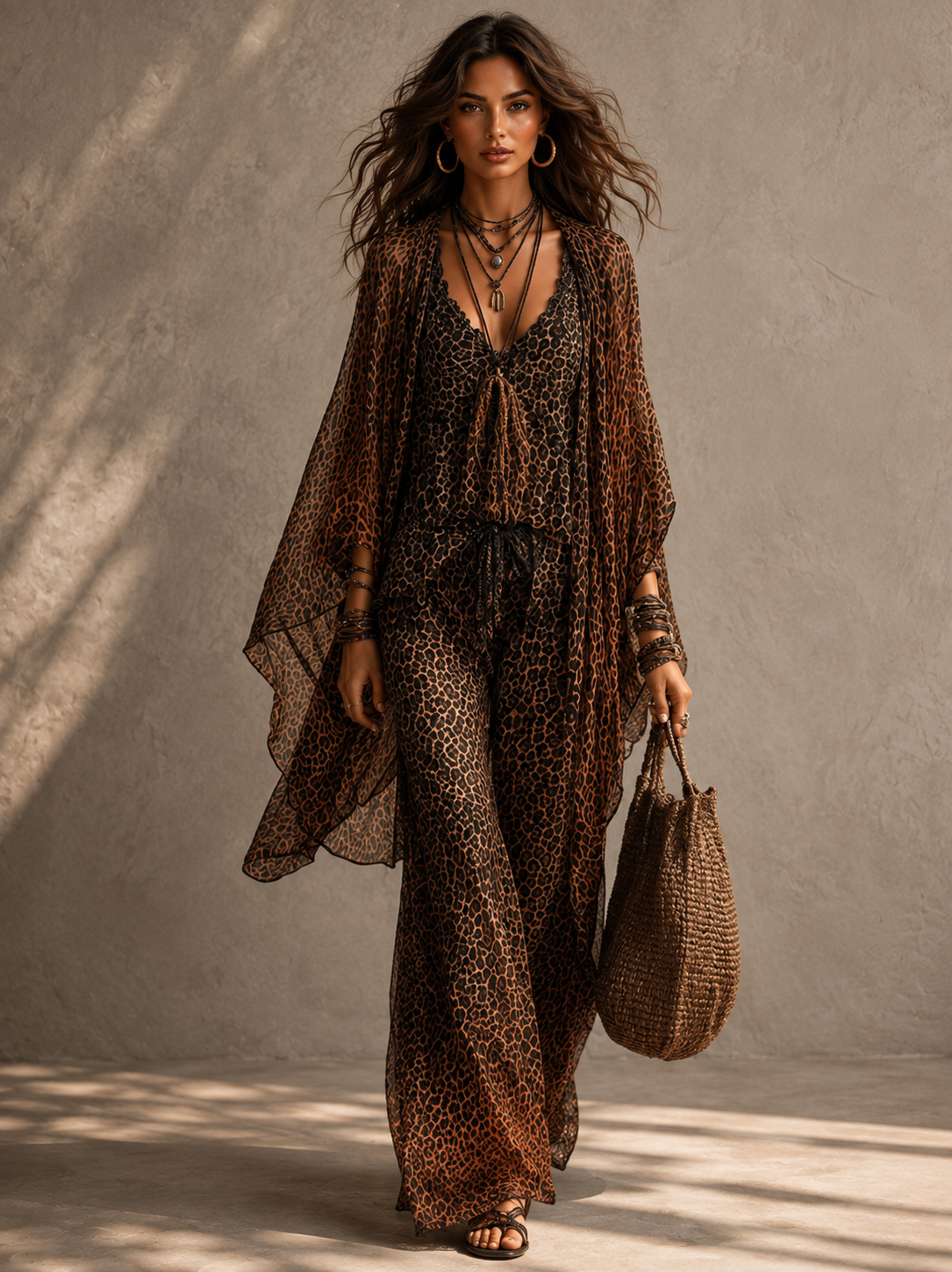 Ximena | Conjunto fluido de tres piezas con estampado de leopardo estilo boho