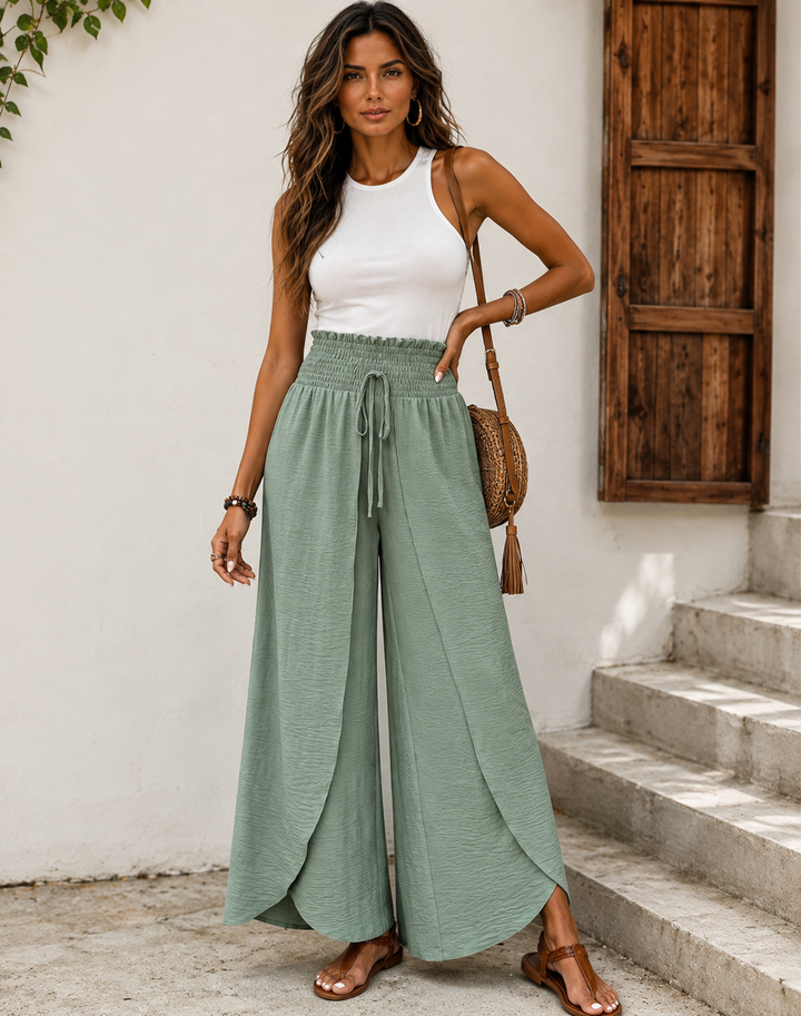 Rocío | Pantalón de verano ligero con cintura fruncida y bajo con abertura