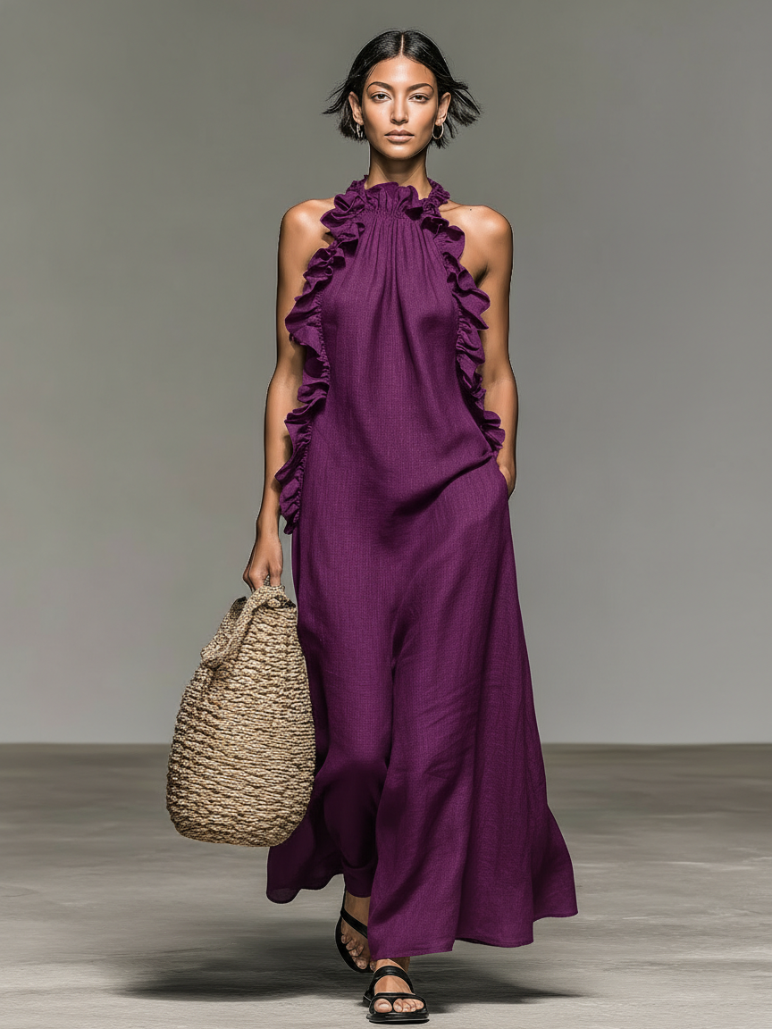 Rocío | Vestido largo sin mangas con volantes y bolsillos