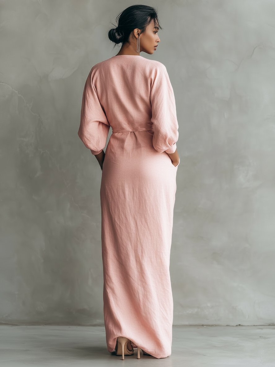 Roxa | Vestido maxi rosa con escote en V