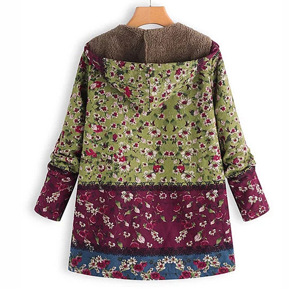 Winterjas Dames Fleece met Bloemenprint Zakken en Rits aan de Voorkant