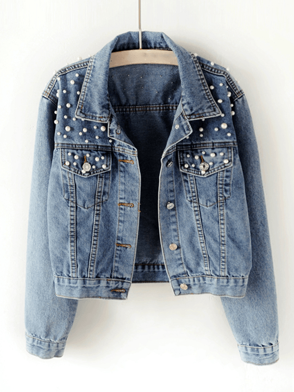 Kort Jasje Dames van Duurzaam Denim met Elegante Parelversieringen