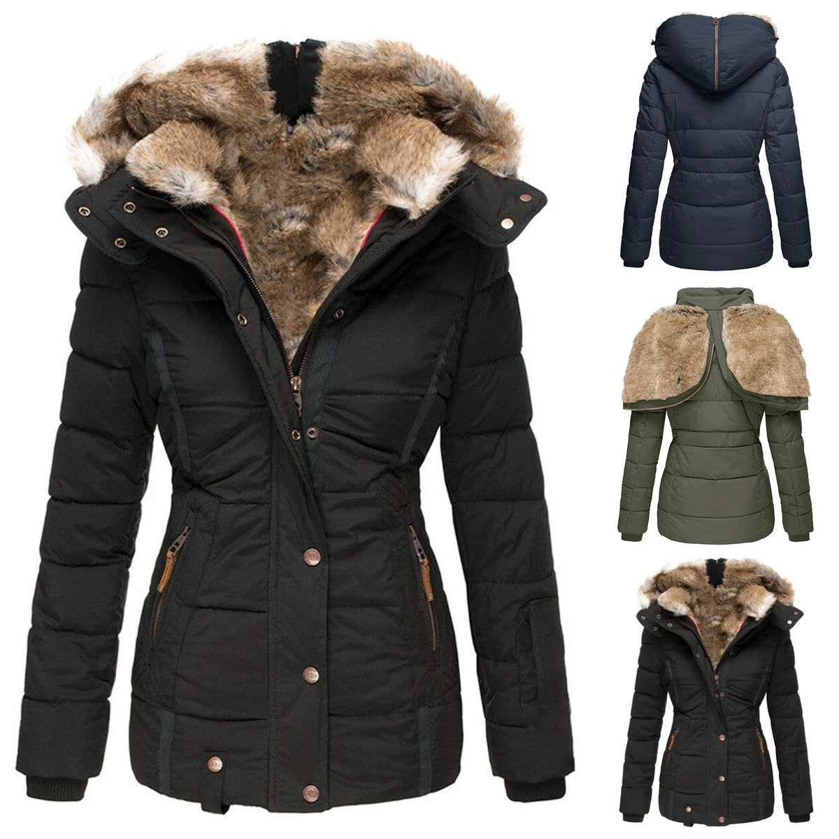 Winterjas Dames met Imitatiebontvoering Gevoerde Capuchon en Ruime Zakken