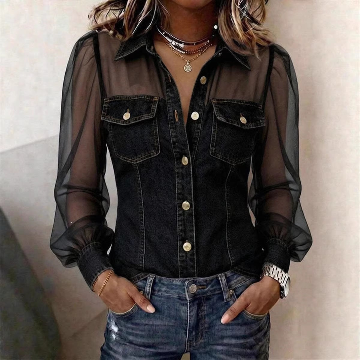 Aurora | Blusa efecto denim con mangas transparentes